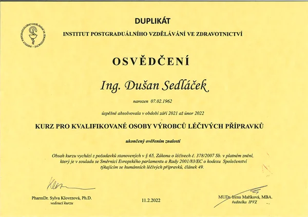 Osvědčení o absolvování kurzu Kurz pro kvalifikované osoby výrobců léčivých přípravků