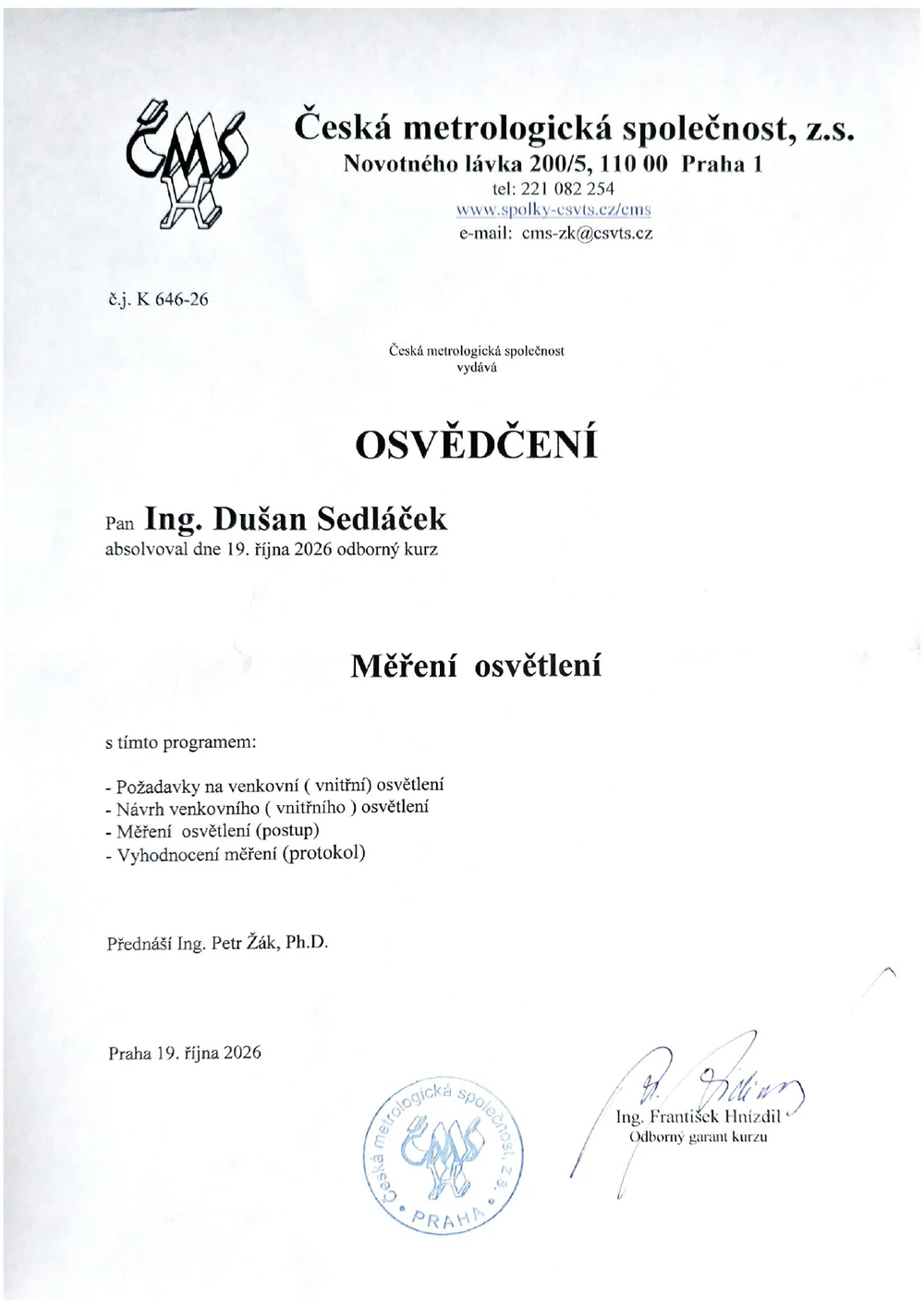 Osvědčení o absolvování kurzu Měření osvětlení